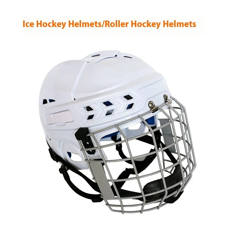 Ice hockey helmet with carbon steel face mask in sizes S M L XL for ball hockey protection