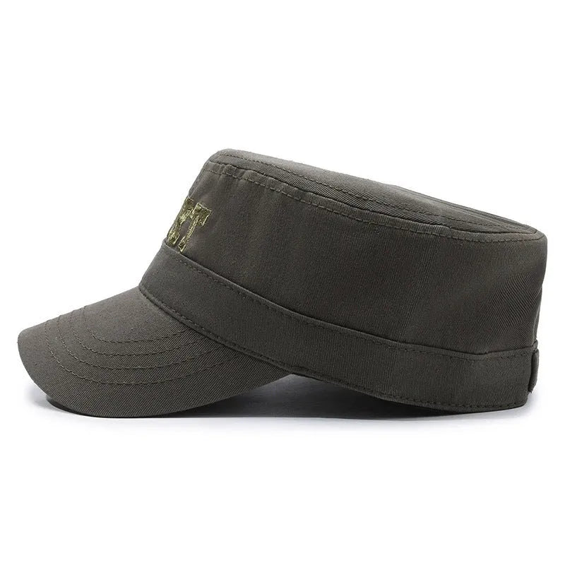 Men's adjustable cotton flat-top peaked cap in army green with dome crown and letter detail.