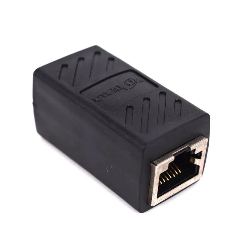 Black RJ45 network cable extender adapter for Ethernet patch cable connections