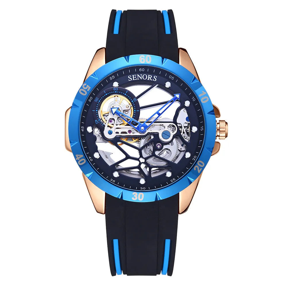 Men's automatic hollow watch with business styling in rose golden blue colour