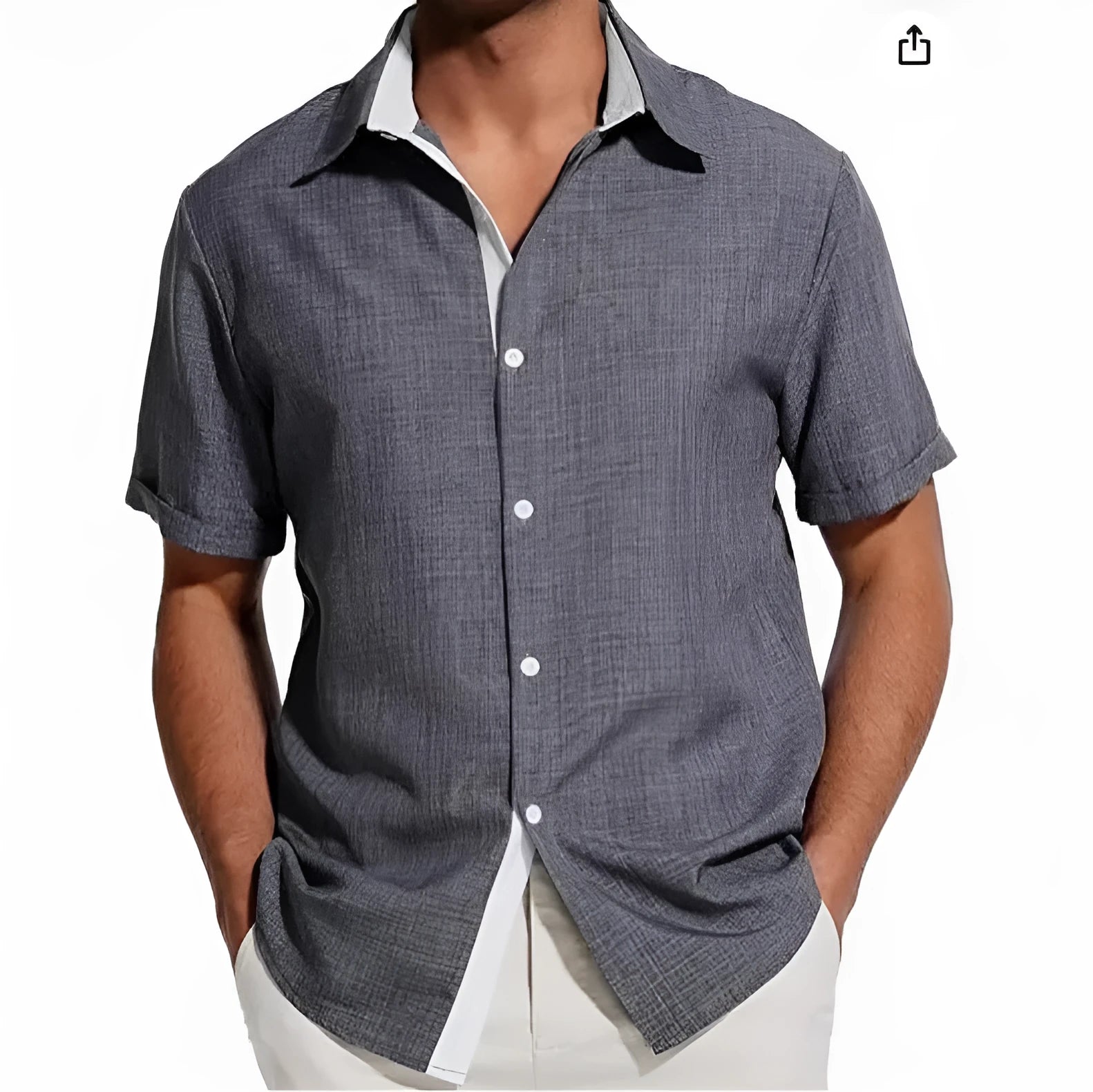 Men's grey floral print short-sleeved shirt laid flat, showing regular fit and cardigan style.