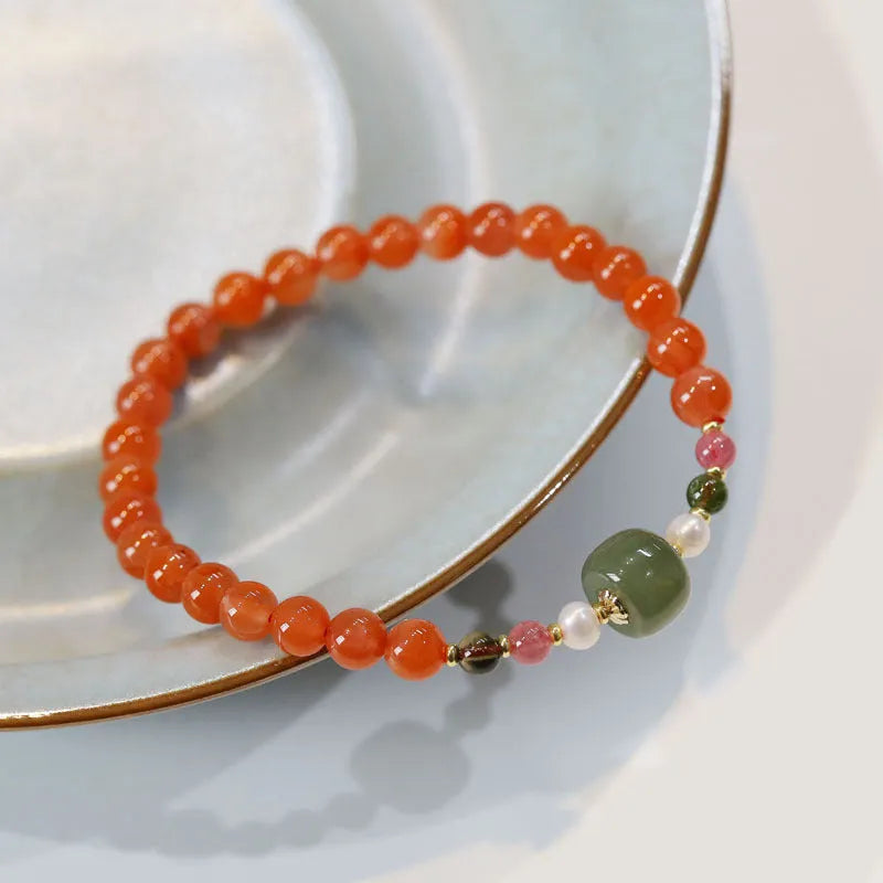 Natural cherry red Southern red agate bracelet with round beads and retro ethnic design for women