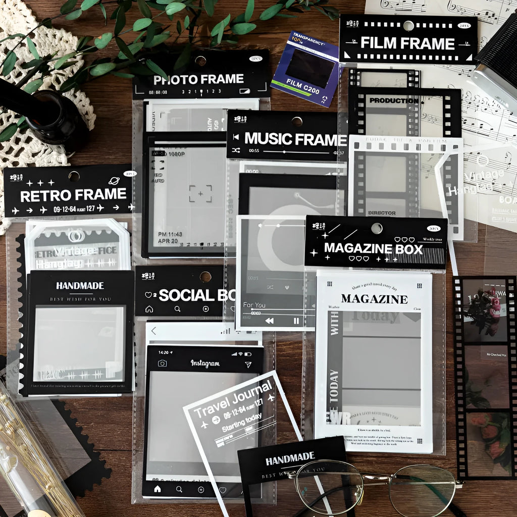 15 retro frame decorative stickers for journals with photography, film, magazine, music and social designs