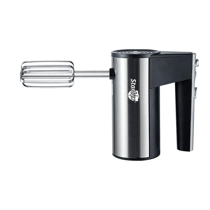 SL-25209 silver handheld electric mixer with beaters on a kitchen counter