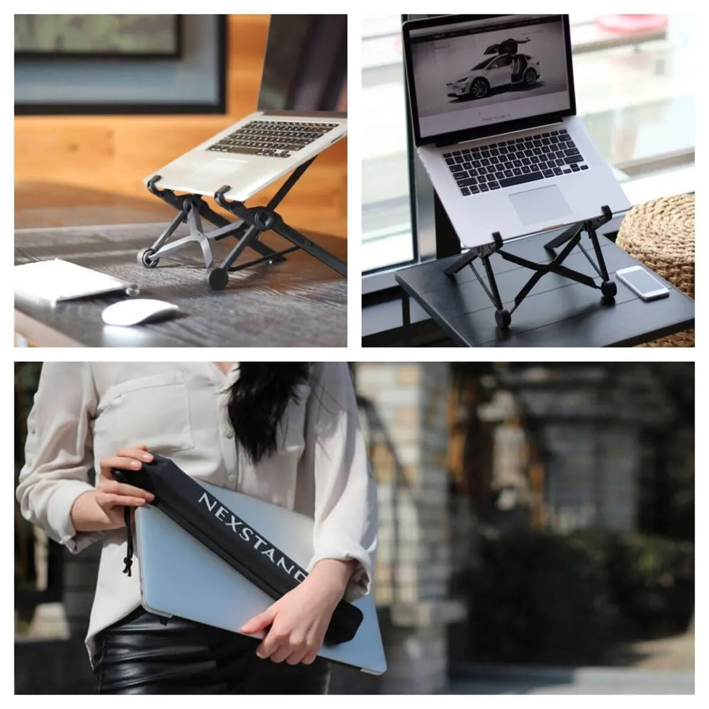 Portable folding laptop stand in sagacious black showing compact 40cm folded size with carrying case