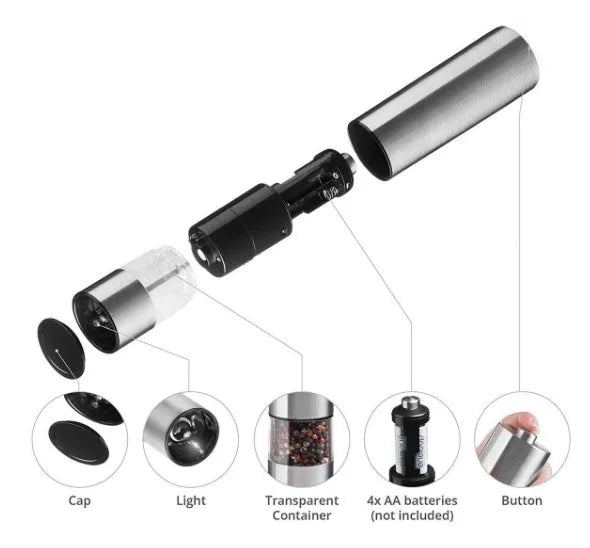 Tall stainless steel electric pepper grinder on a kitchen countertop.