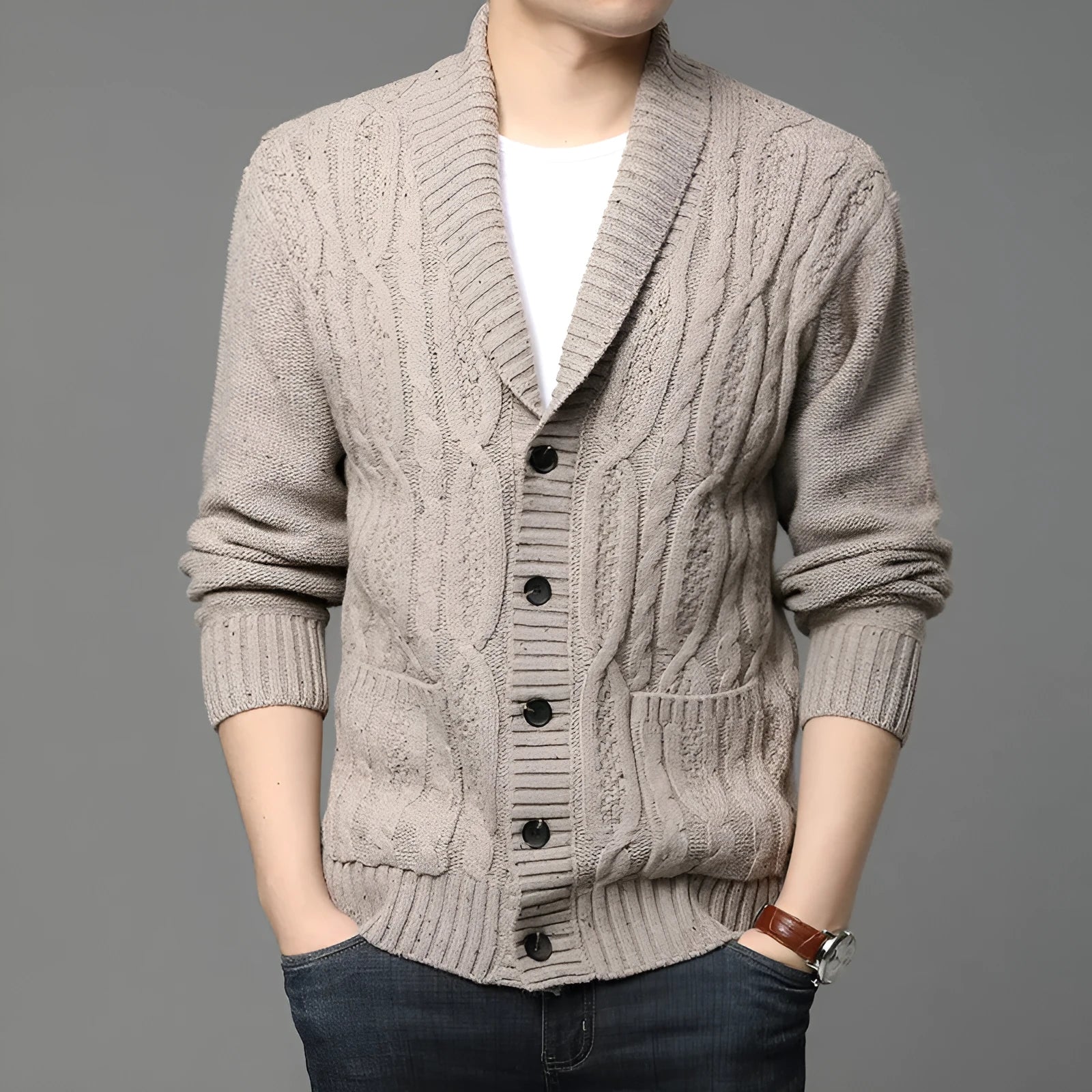 Men's black Korean style jacquard pattern knitted cardigan jacket on a hanger