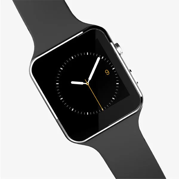Black smartwatch with 1.54 inch touch screen on a silicone strap, showing a watch face with step count.