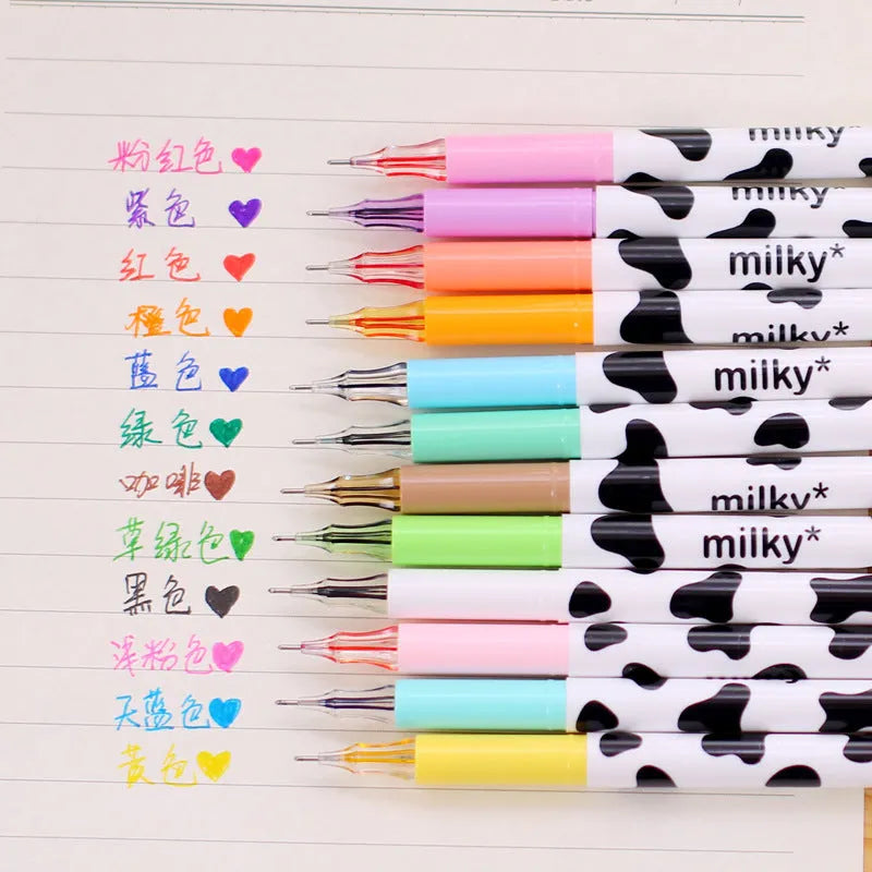 Cow colour gel pen with 0.38mm fine tip and 12 coloured refills in a plastic shell.