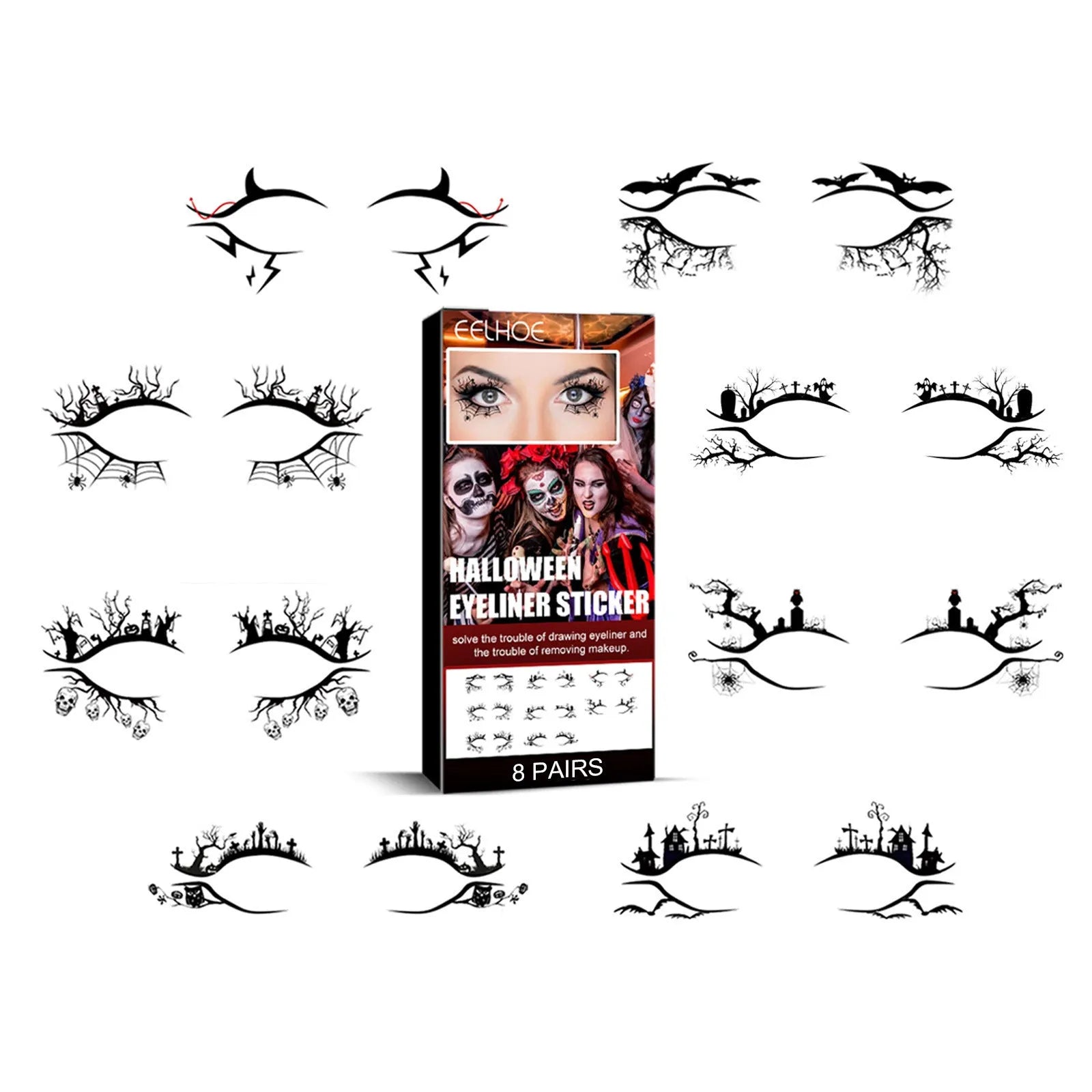 Bat and spider design eyeliner sticker sheets for dramatic eye makeup