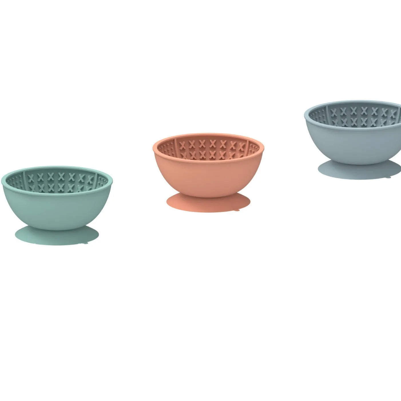 Cyan silicone pet licking mat bowl with suction cup base on a smooth surface