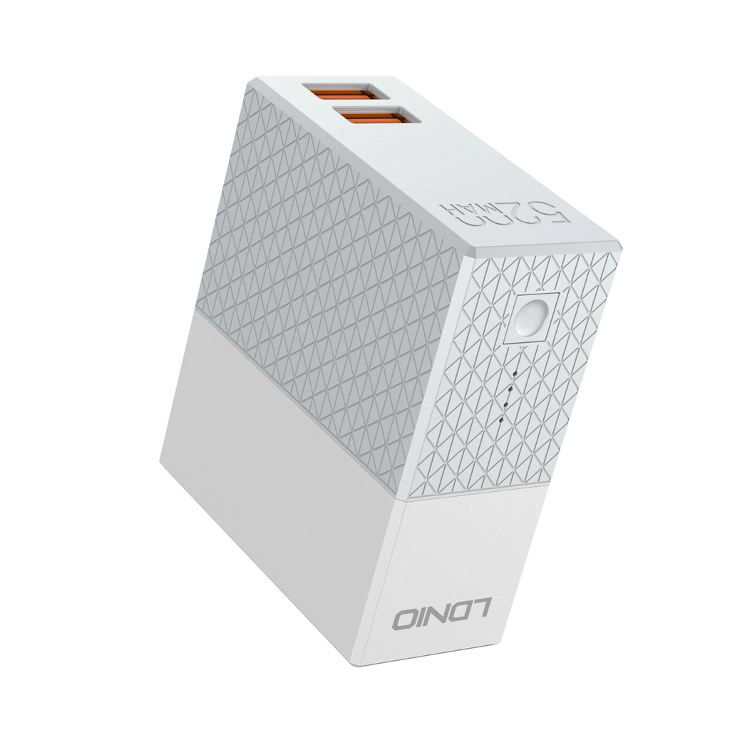 White mobile power bank charger with integrated plug showing UK, US and EU plug options