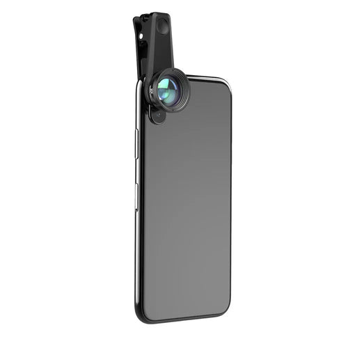 Black 6-in-1 universal smartphone camera lens kit with fisheye, macro, wide-angle, telephoto, filters, clip, and case.