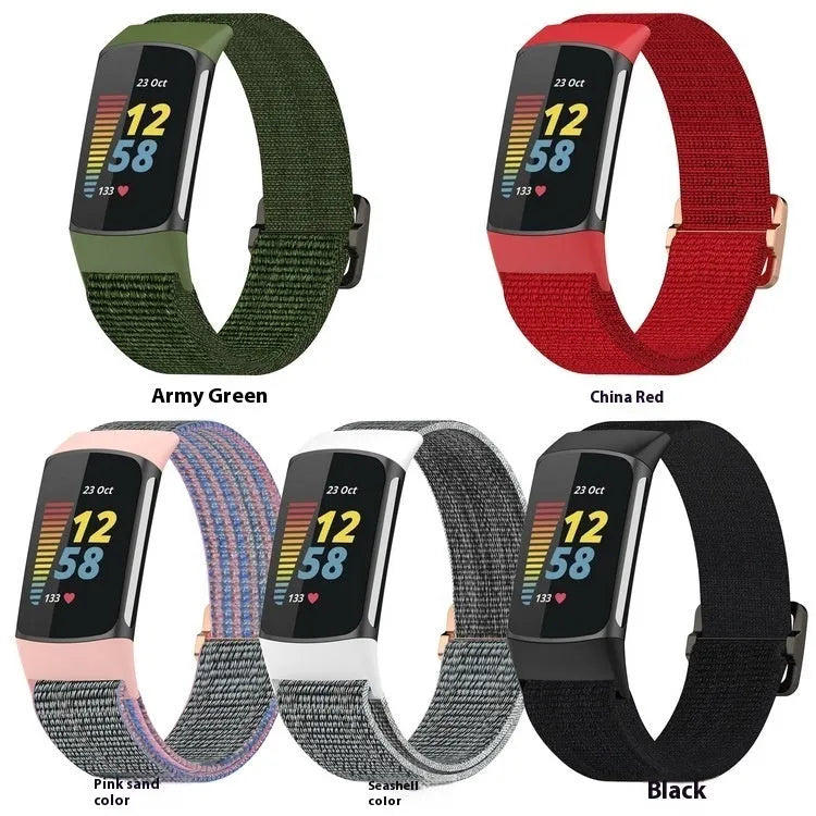 Elastic nylon woven canvas watch band for Fitbit Charge 5 or 6 in Seashell colour on a white background