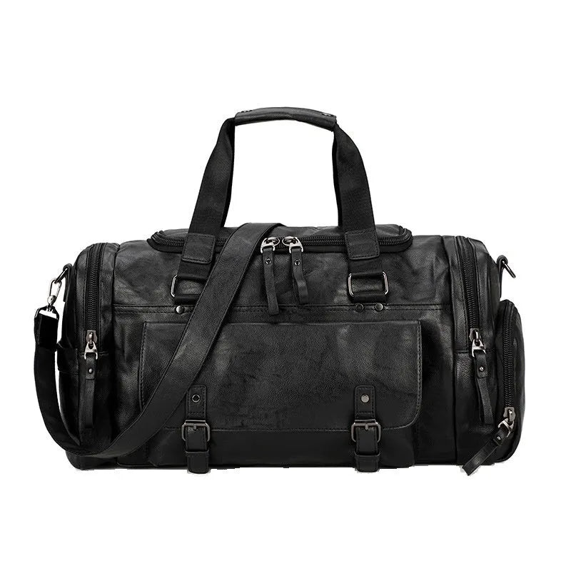 Black large capacity travel bag with separate shoe compartment, closed view.