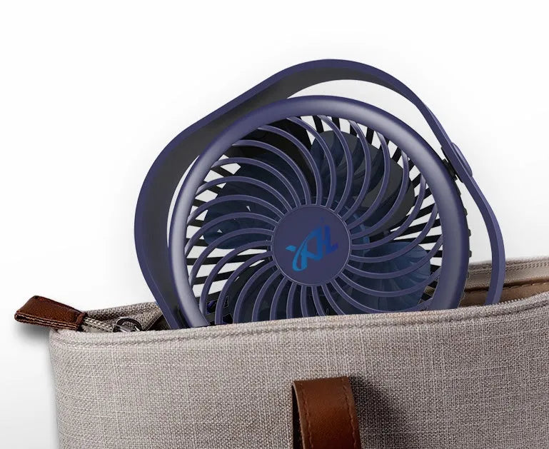 USB desk fan with alarm clock in blue colour, showing rotary switch and plastic blades.