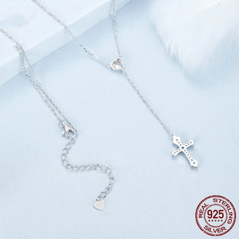 Women's 925 silver love cross pendant necklace with O-ring chain in BSN384 colour