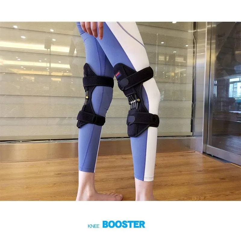 Black spring knee brace with adjustable straps, shown on a knee, for mountaineering and sports support.