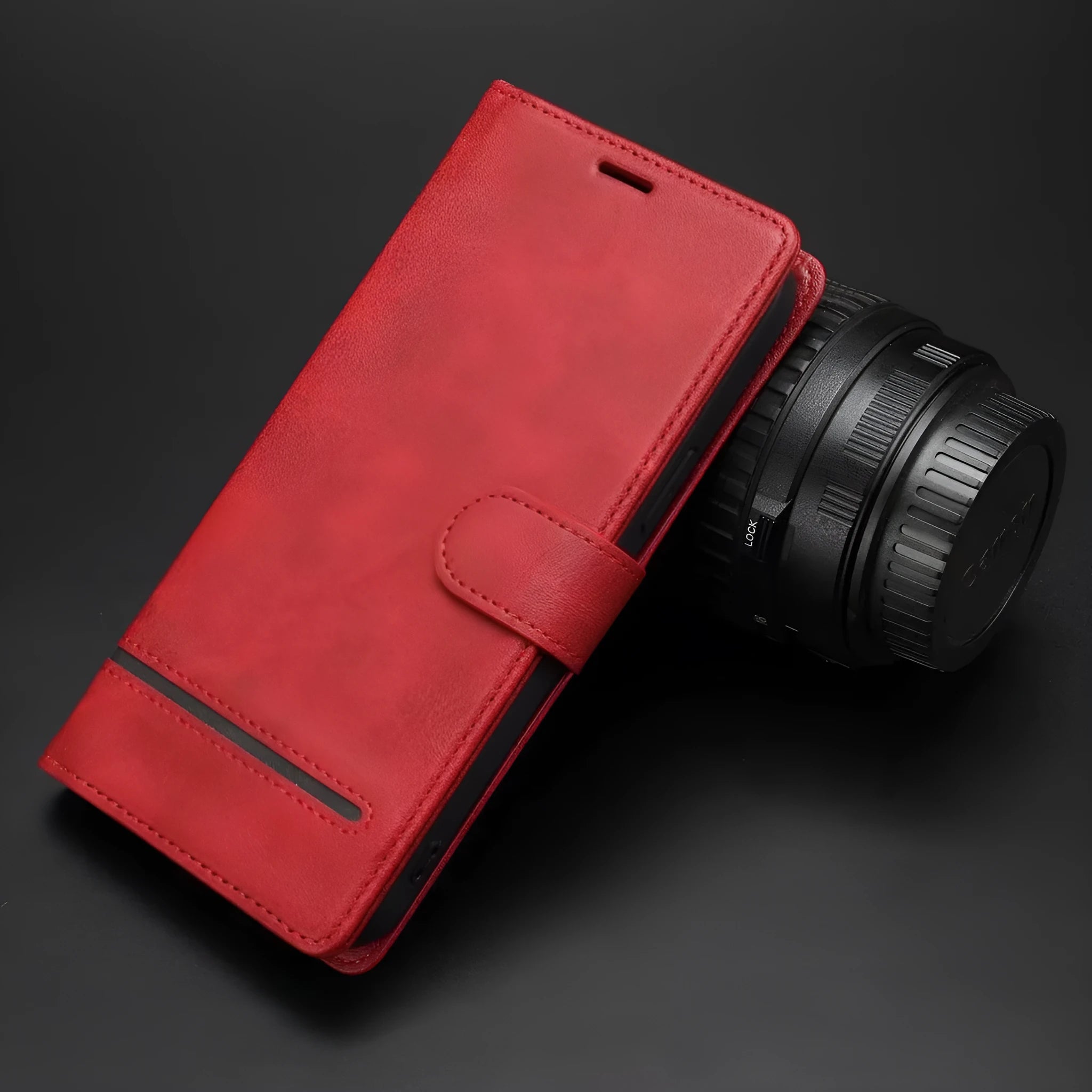 Business pure colour polyurethane leather flip phone case with card slot holder in red for Samsung and Apple models