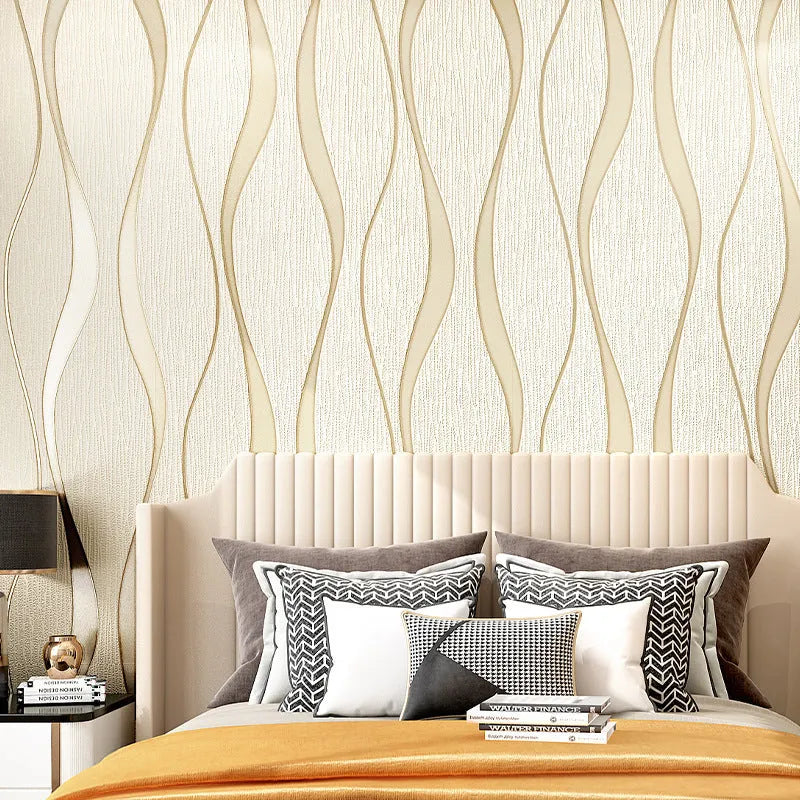 Close-up of light grey curve stripe 3D velvet wallpaper texture on a non-woven roll