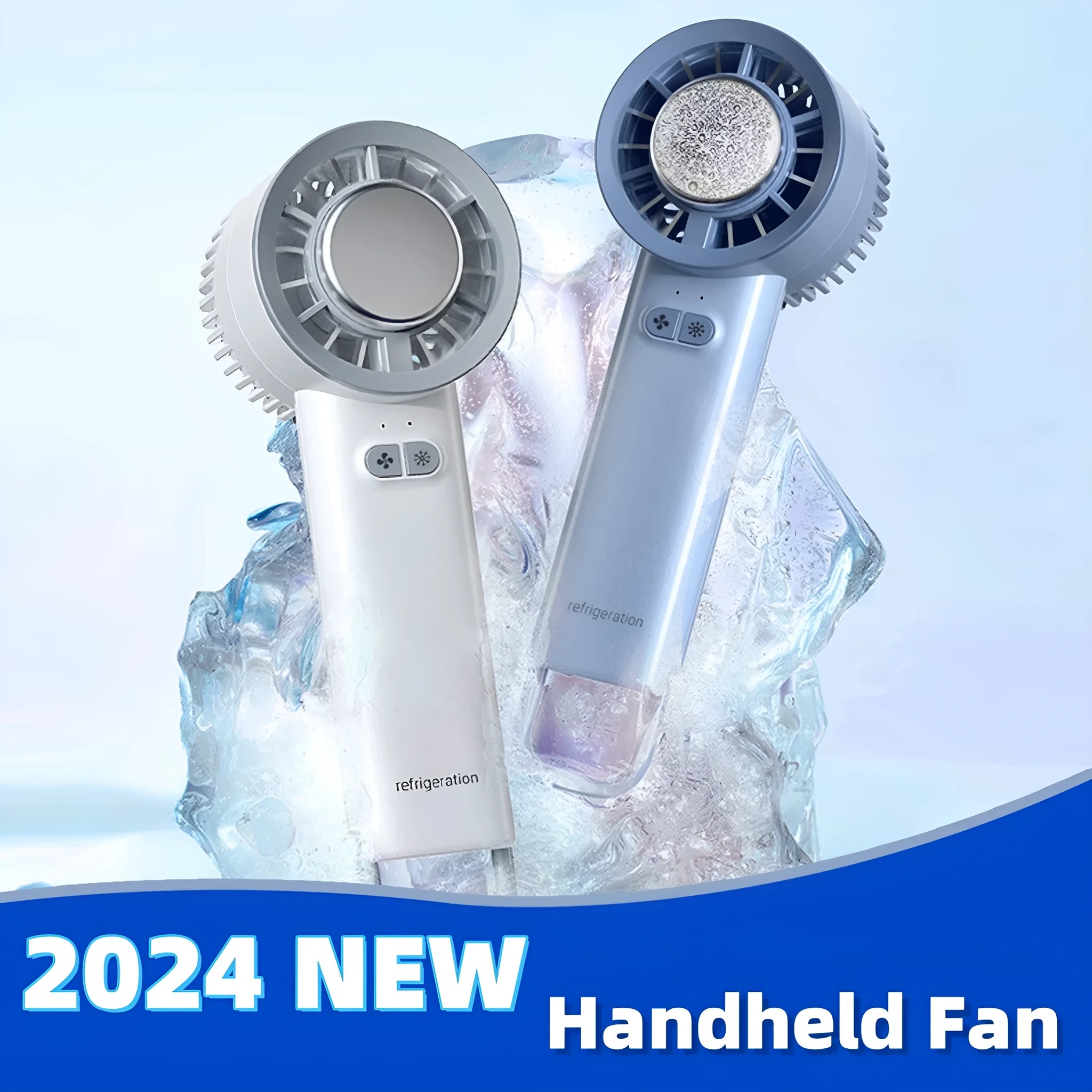 White handheld turbo jet fan with brushless motor and ice cooling function showing compact design