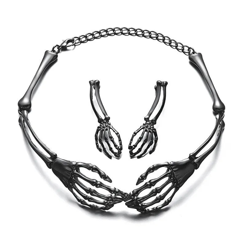 Dark style skull and ghost claw necklace and earrings set in electroplated alloy with adjustable chain