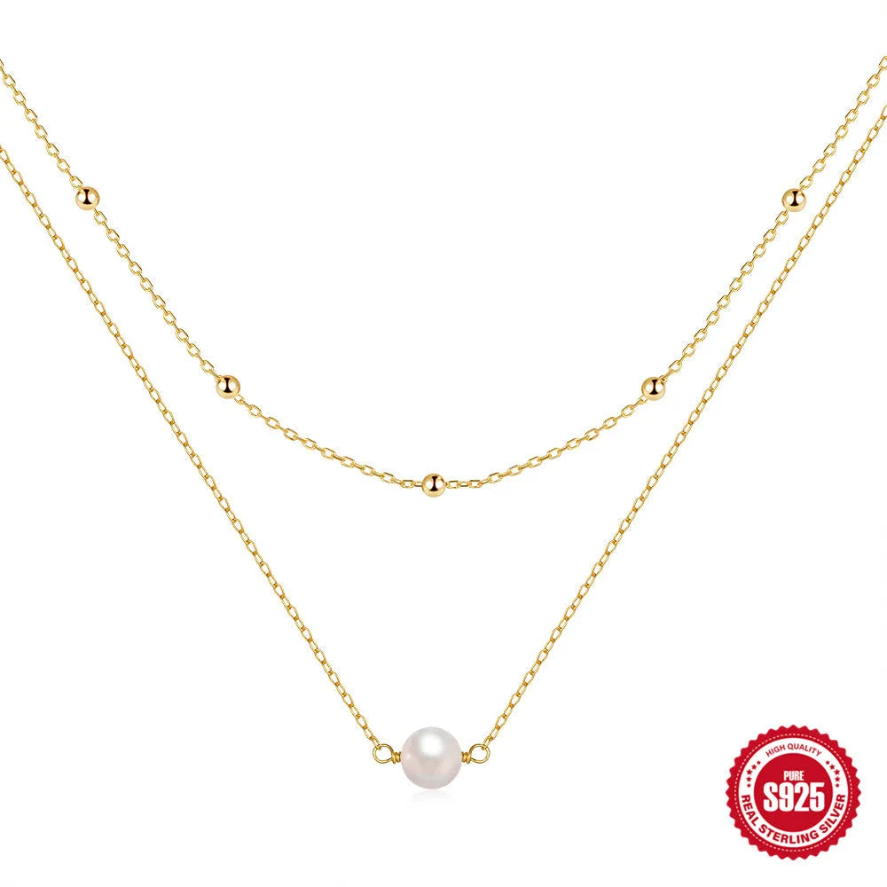 S925 sterling silver double layer twin pearl necklace with geometric design in gold colour