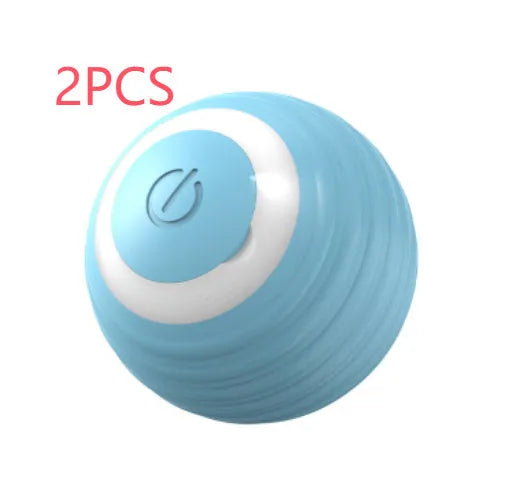 Blue rechargeable automatic rolling ball cat toy on a floor.