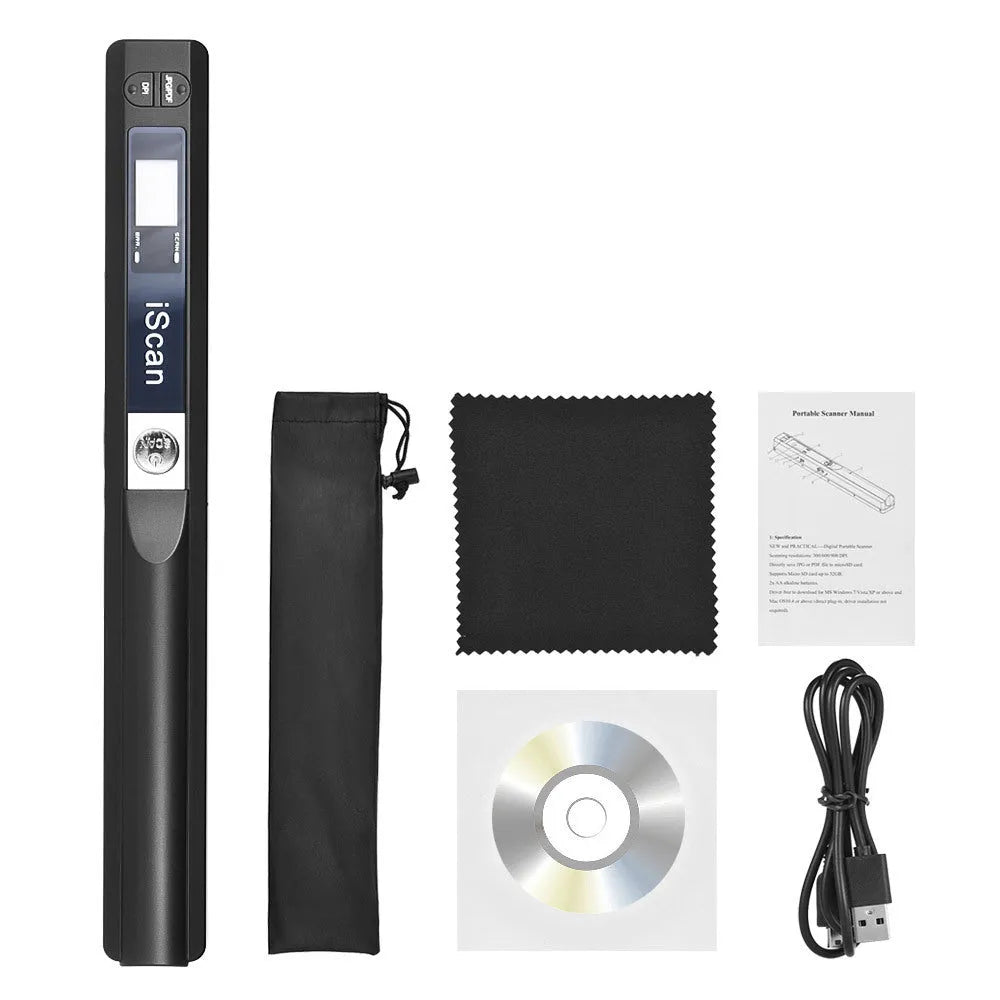 Handheld barcode scanner with plastic body shown in black, blue, green, red, and silver colour options.