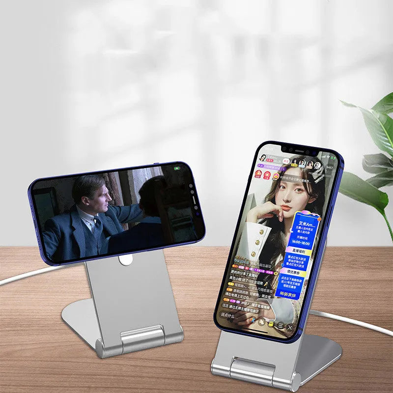 Silver vertical adjustable magnetic phone bracket showing aluminium alloy construction and iPhone12 compatibility