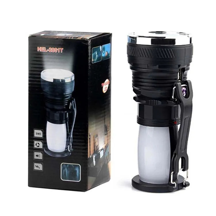 Black solar charging LED emergency flashlight with USB port on a textured surface.