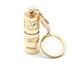 Gold-coloured zinc alloy die-cast LED keychain flashlight with attached key ring.