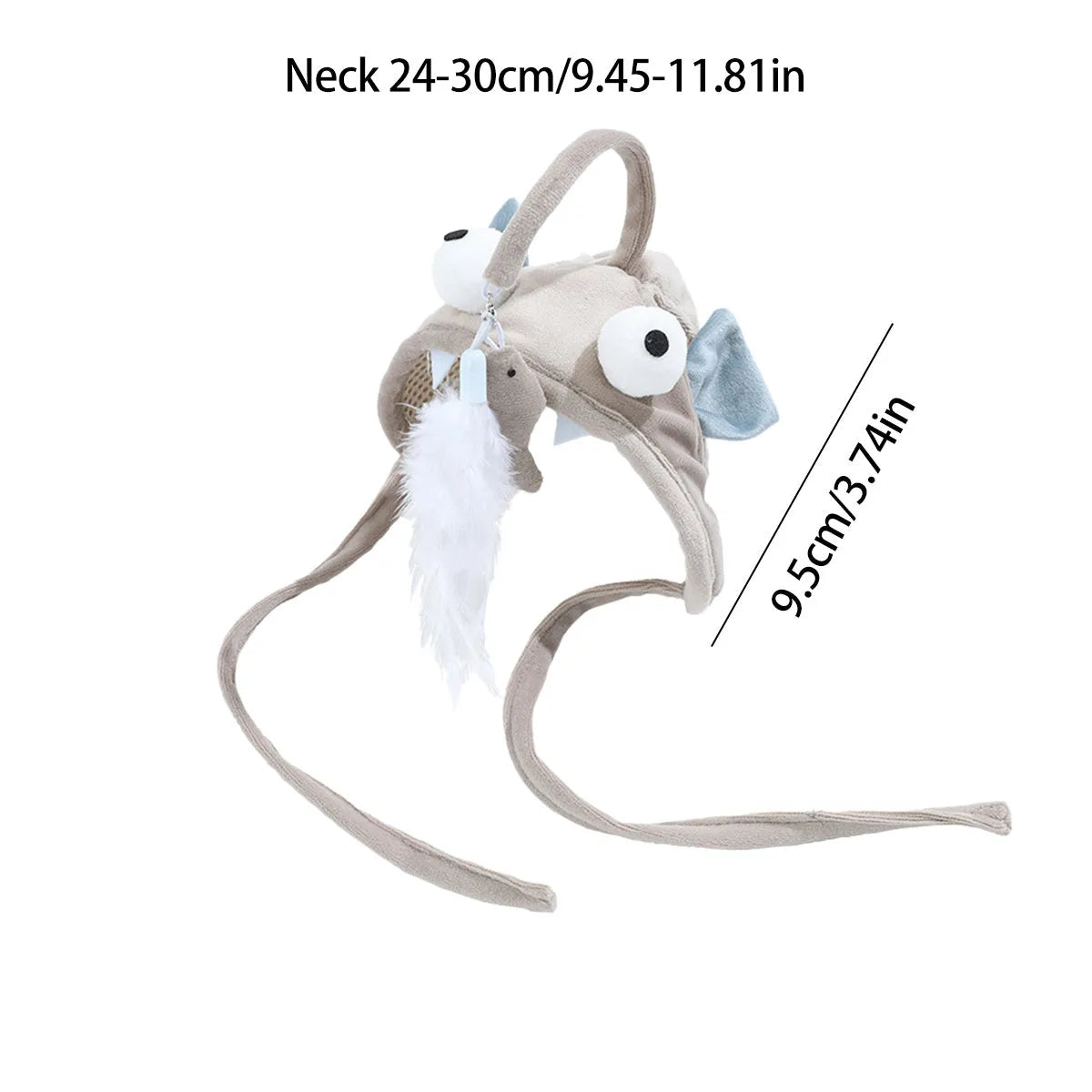 Grey dinosaur feather head teaser cat toy with adjustable neck strap for hands-free indoor play.