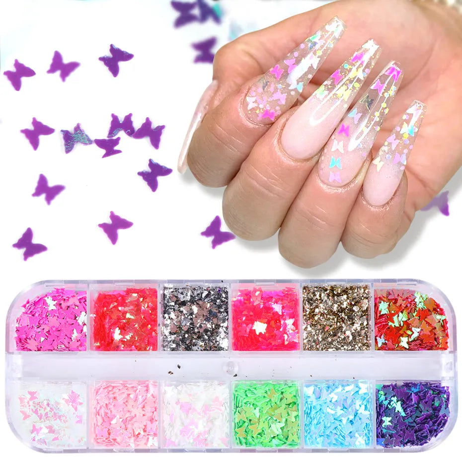Symphony butterfly sequin nail decoration in mixed glitter colours on 12 grids