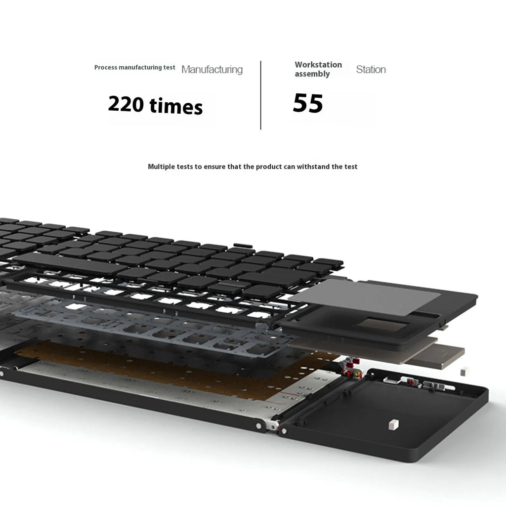 Mini tri-fold Bluetooth keyboard shown unfolded and folded, in black and silver colours
