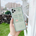 Green iPhone case with geometric smiley face designs and polka dot frames on flexible TPU material