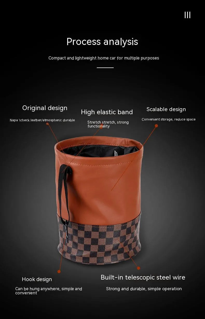 Retractable leather interior car trash can with handle in folded and extended positions