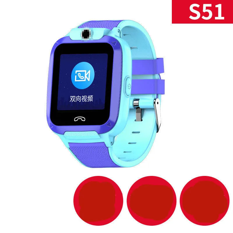 Blue children's smartwatch with a silicone strap showing a video call on its 1.44-inch screen.