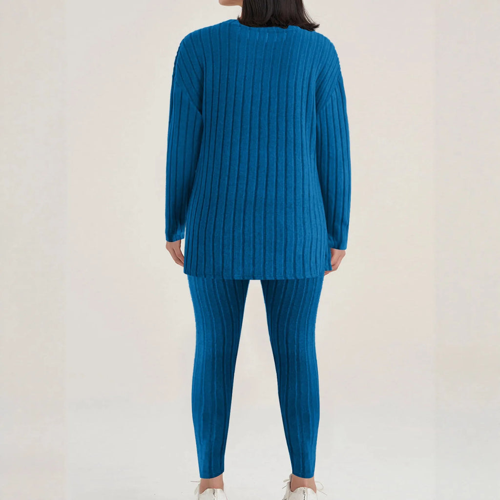 Black and blue sunken stripe casual two-piece polyester homewear set with top and pants.