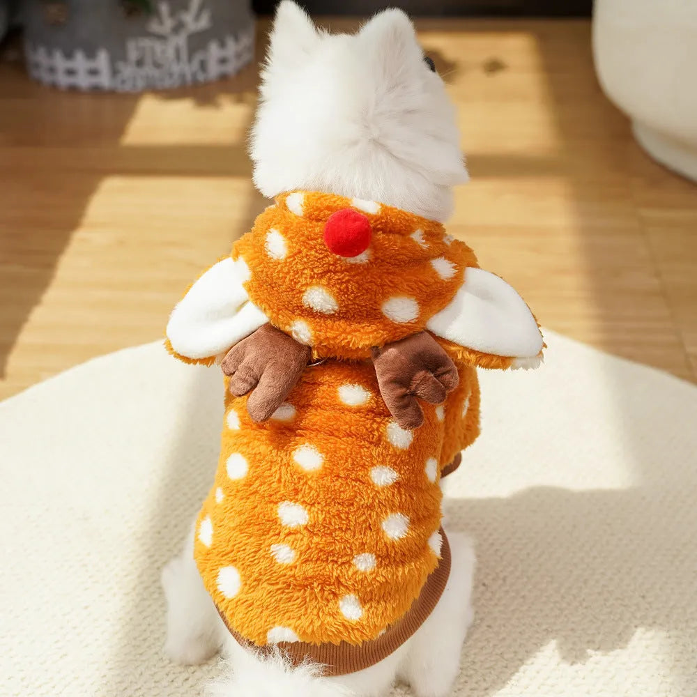 Elk design dog Christmas costume with fleece lining on a medium-sized dog.