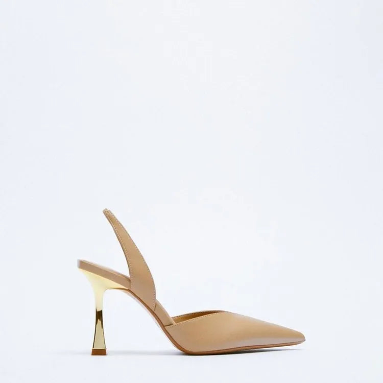 Women's nude pointed high heels in patent leather, shown in black and apricot colours with a shallow mouth design.