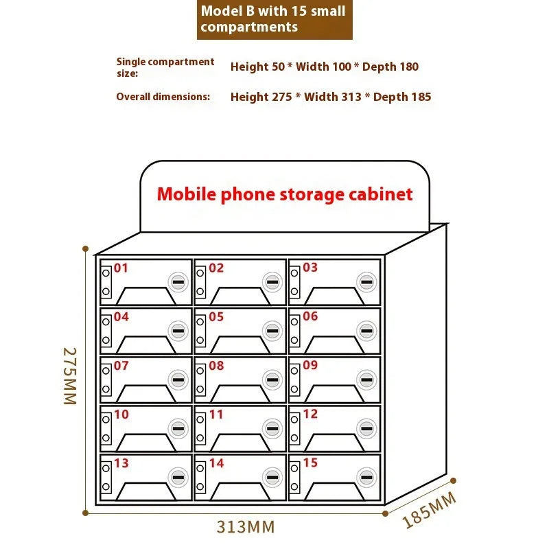 Clear acrylic mobile phone storage cabinet with charging holes, multiple compartments for office desk organisation