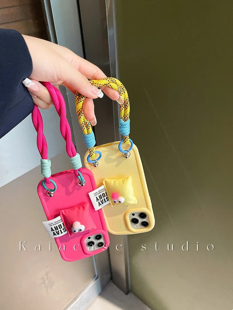 Rose red TPU phone case with built-in pillow bracket and lanyard for iPhone, fall protection design