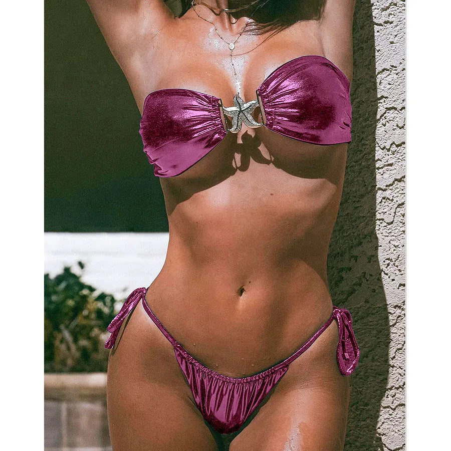 Women's glossy split bikini with gold starfish decoration in sapphire blue colour
