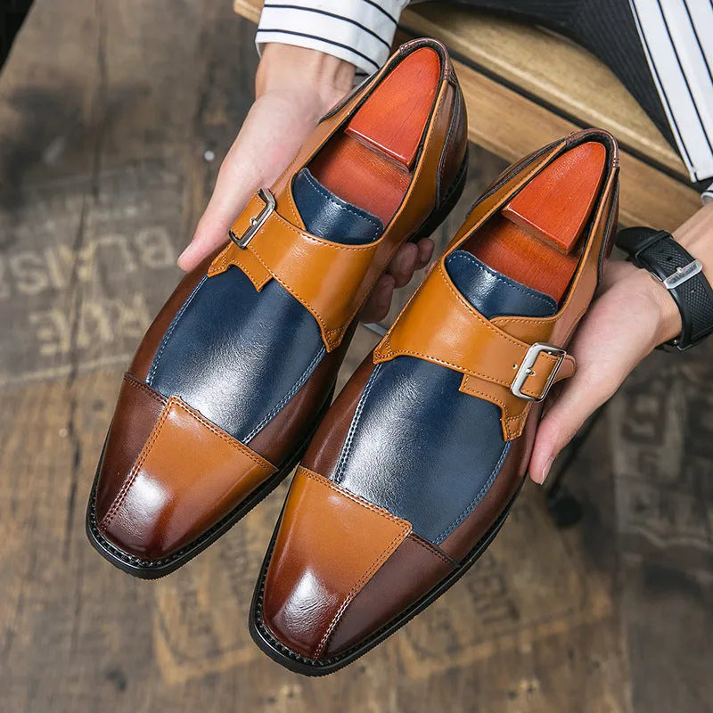 Men's brown blue retro casual shoes with tall crown and buckle detail on microfiber upper.