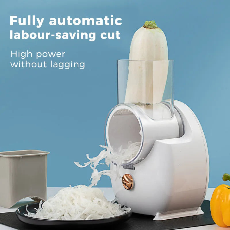 White electric vegetable slicer with rotary blade system and suction base for kitchen food preparation