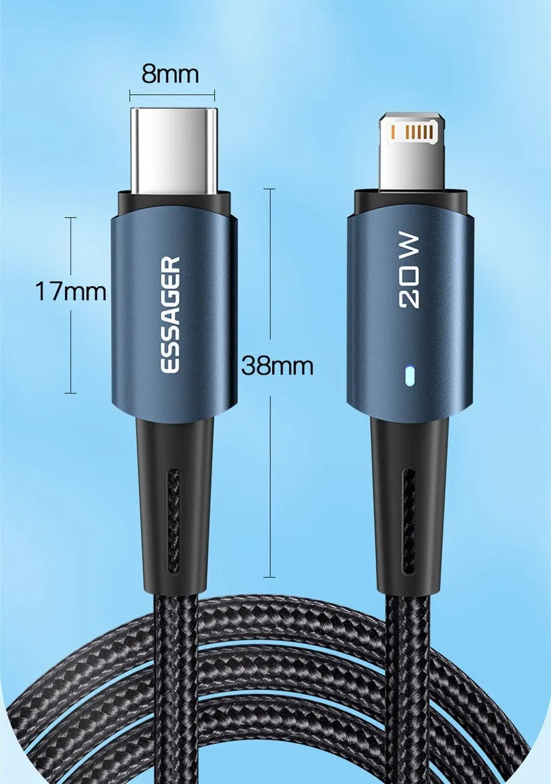 27W PD fast charging mobile phone cable with aluminium alloy section and indicator light in black colour