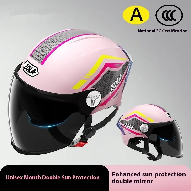 A light brown 3C certified motorcycle half helmet with a double mirror visor on a stand.