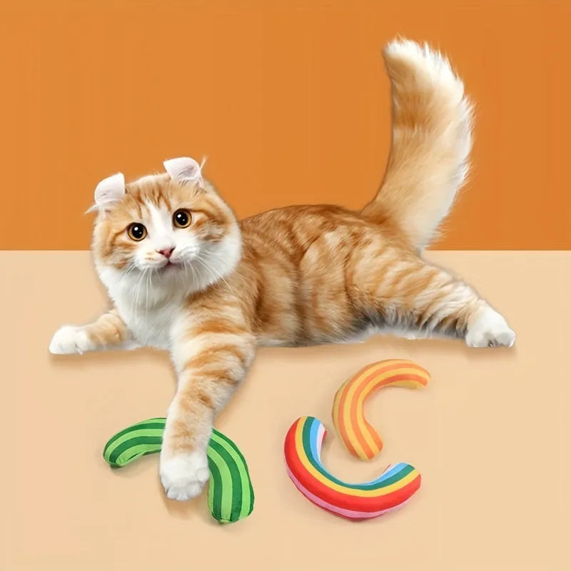 Striped pattern cat toy with squeaker and catnip strip measuring 23 by 20 centimetres