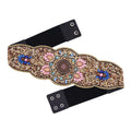 Beaded imitation turquoise elastic waistband belt on faux leather with visible stitching, unisex adult size